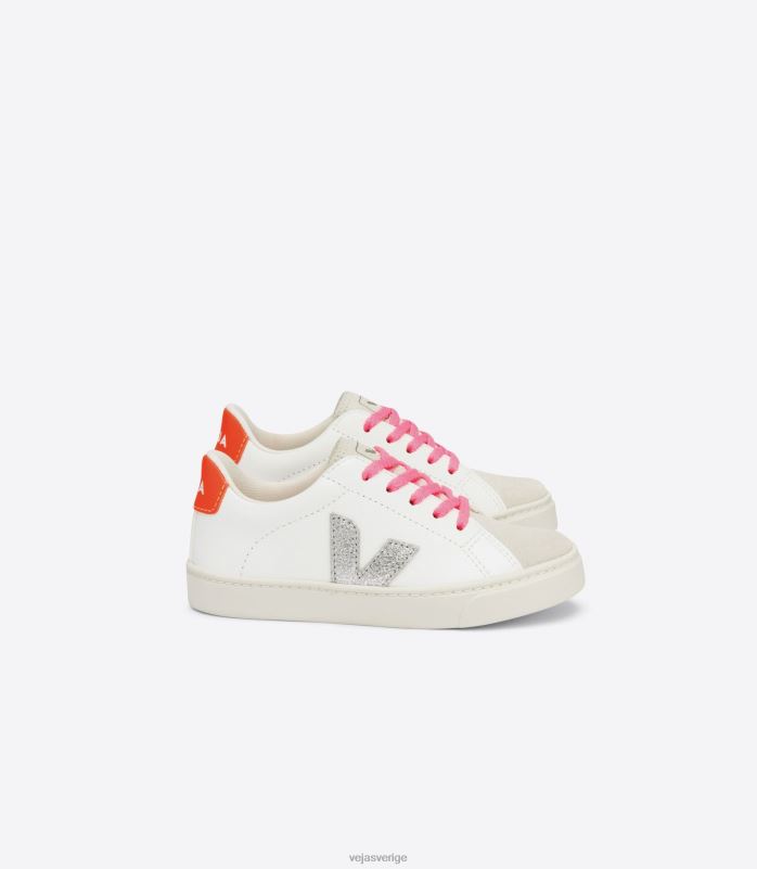 skor JP4FL335 barn Veja esplar snören kromfritt läder vit silver orange fluo