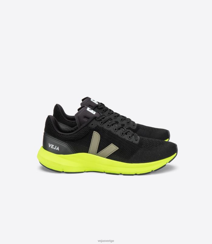 skor JP4FL205 män Veja marlin lt v-stickad svart kaki jaune fluo